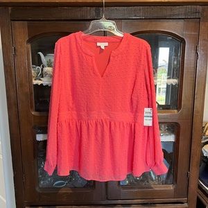 Charter Club Long sleeve V neck blouse.  Beautiful Tyscon Coral.  Size 0X
